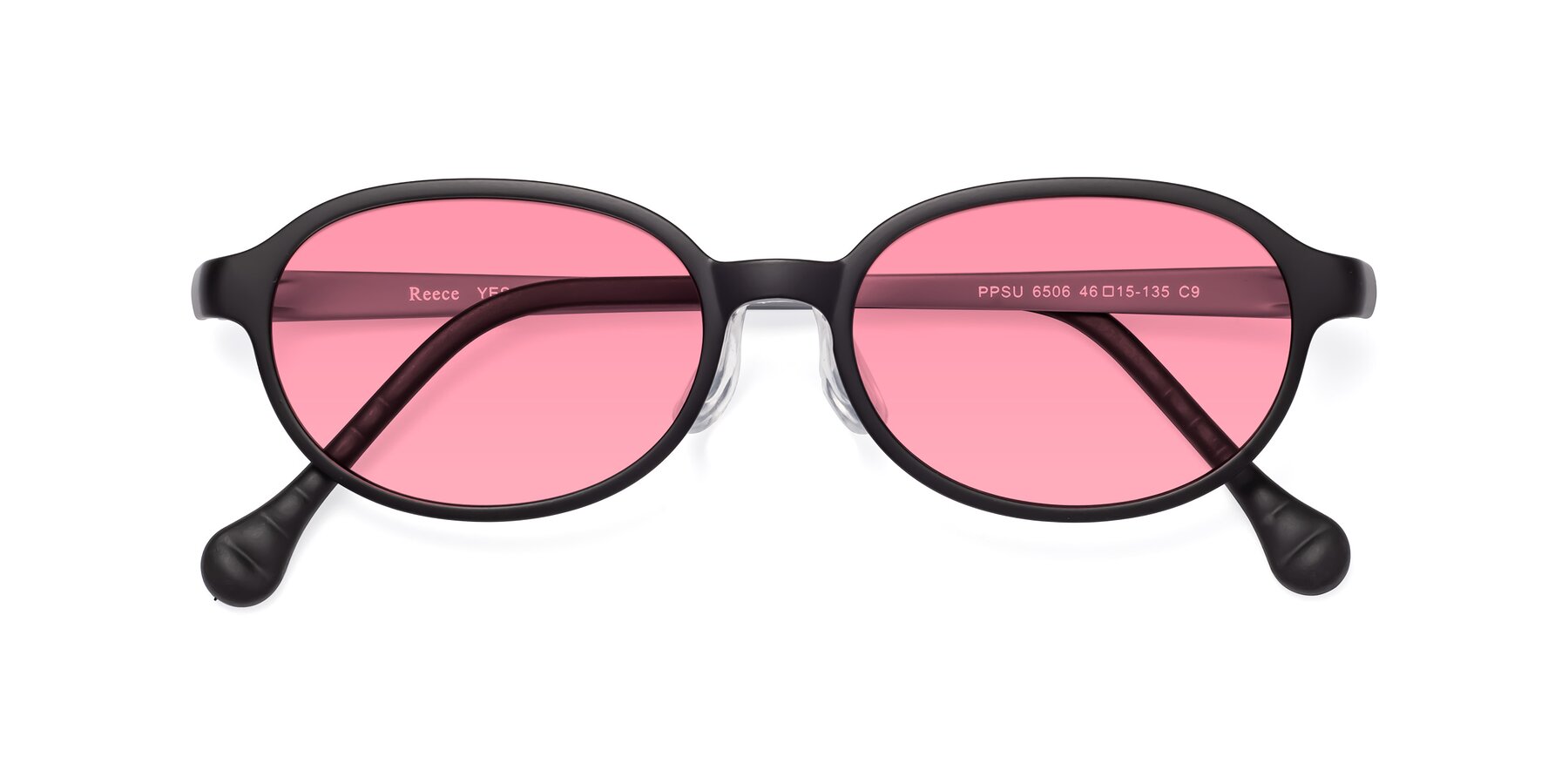 Folded Front of Reece in Black-Gray with Pink Tinted Lenses