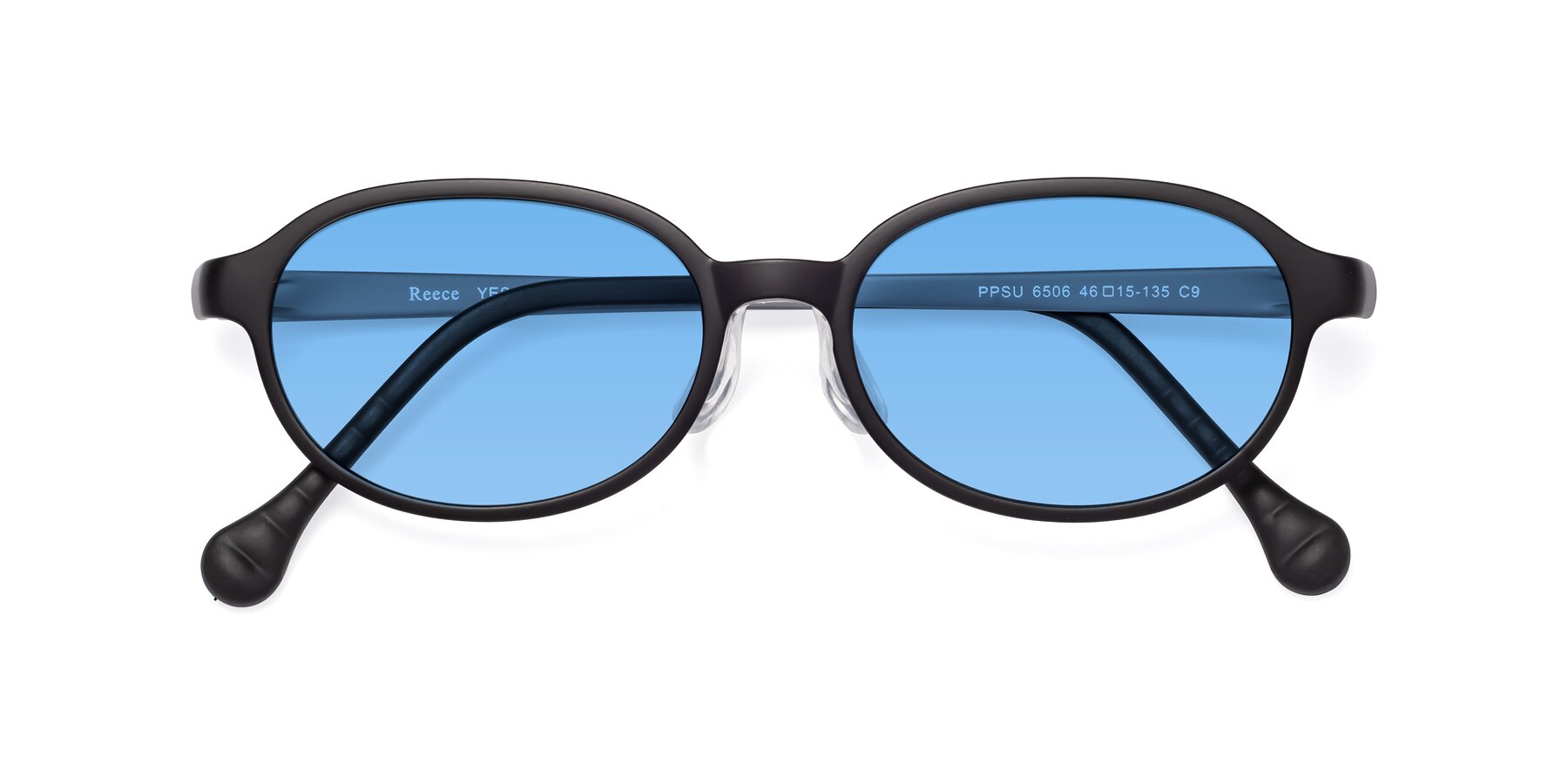 Folded Front of Reece in Black-Gray with Medium Blue Tinted Lenses