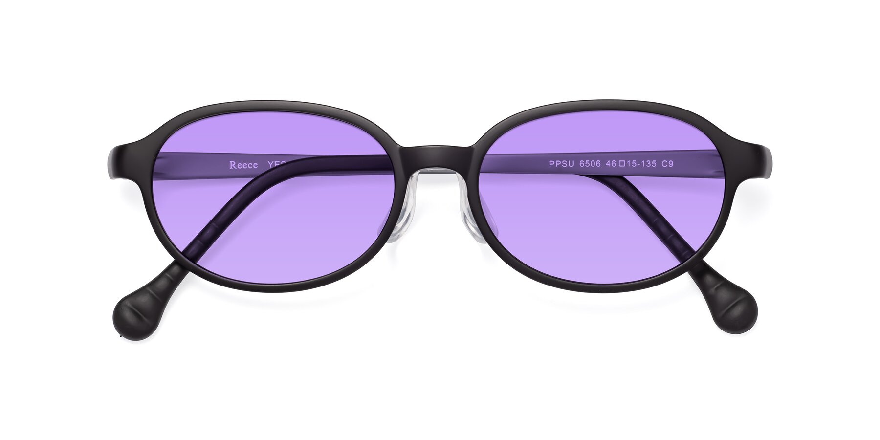 Folded Front of Reece in Black-Gray with Medium Purple Tinted Lenses