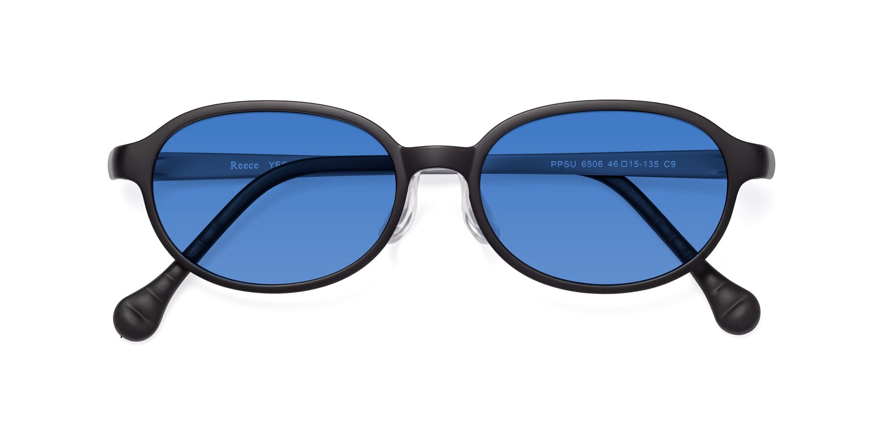 Folded Front of Reece in Black-Gray with Blue Tinted Lenses