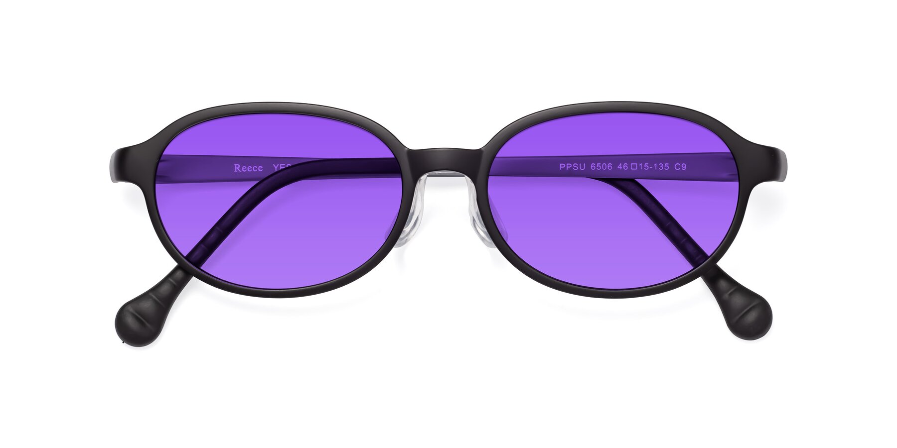 Folded Front of Reece in Black-Gray with Purple Tinted Lenses