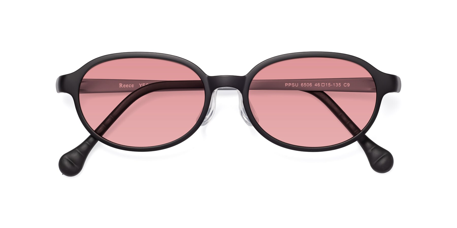 Folded Front of Reece in Black-Gray with Medium Garnet Tinted Lenses