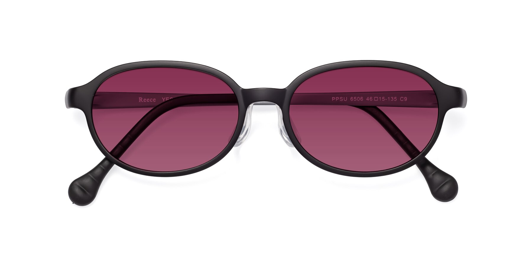 Folded Front of Reece in Black-Gray with Wine Tinted Lenses