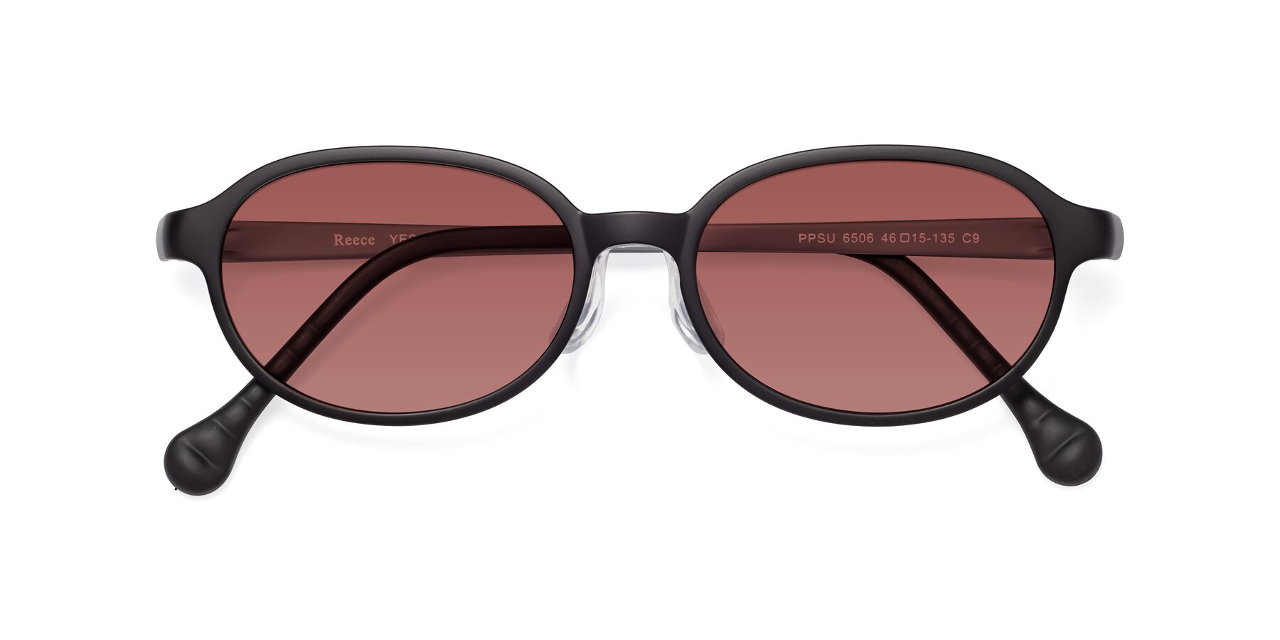 Folded Front of Reece in Black-Gray with Garnet Tinted Lenses