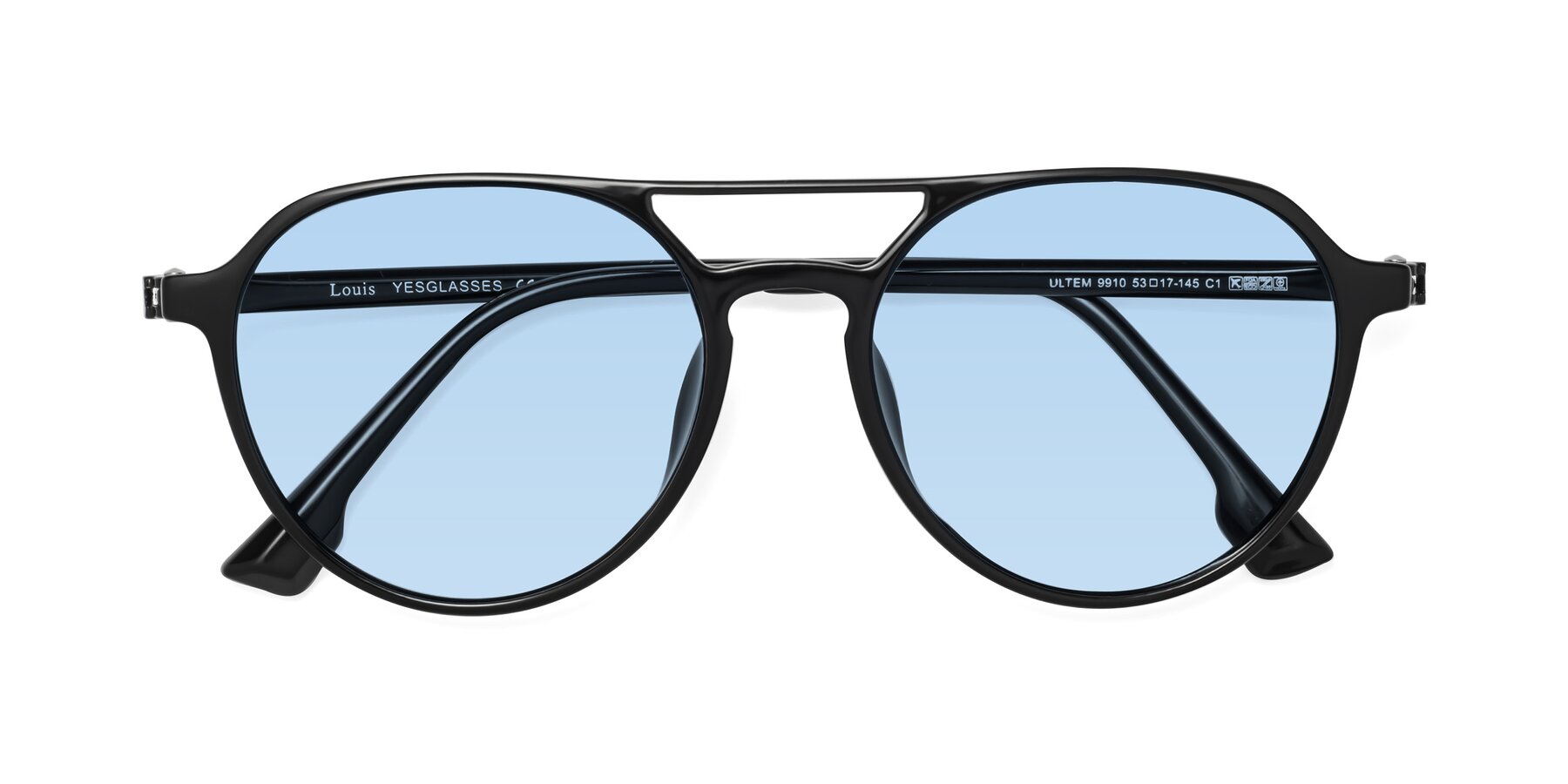 Folded Front of Louis in Black with Light Blue Tinted Lenses