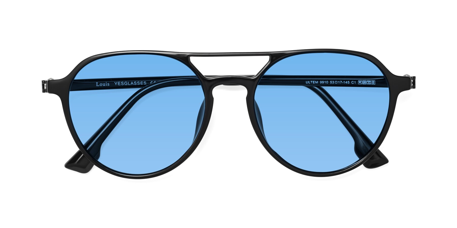 Folded Front of Louis in Black with Medium Blue Tinted Lenses