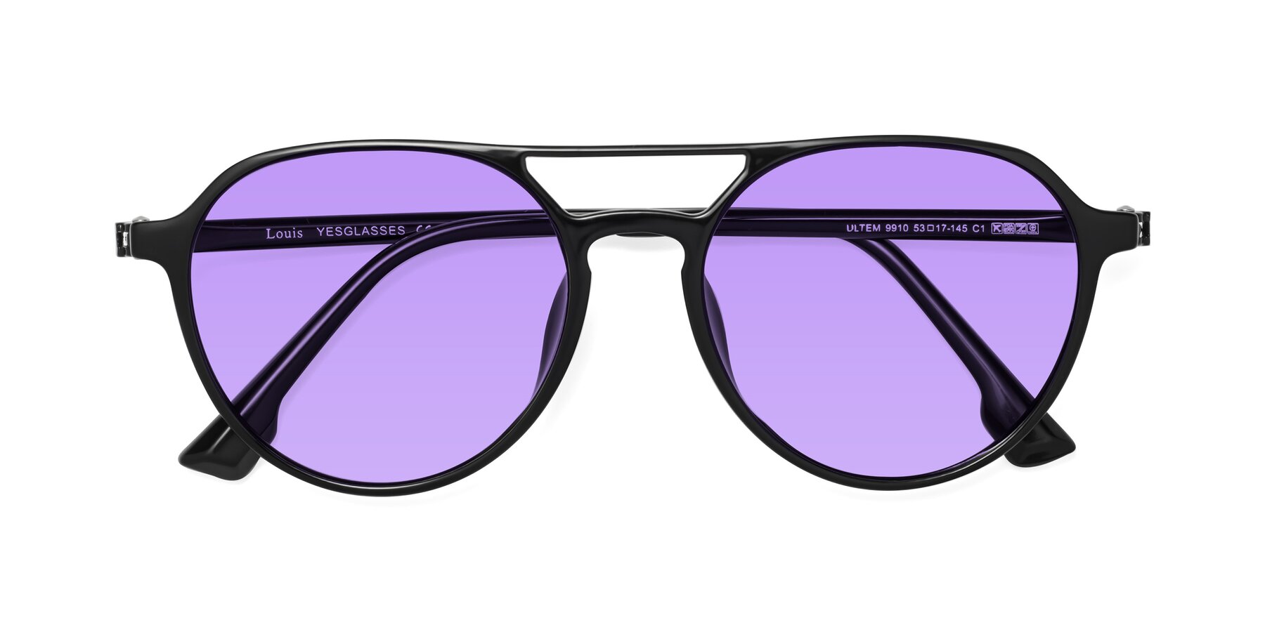 Folded Front of Louis in Black with Medium Purple Tinted Lenses