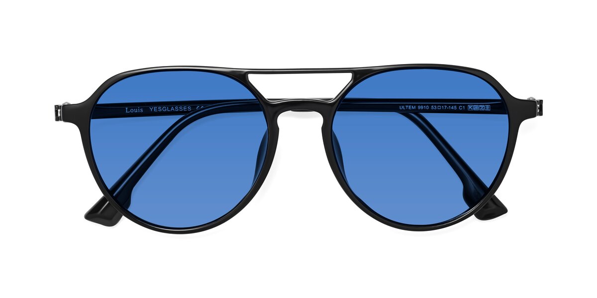 Black Double Bridge Low Bridge Fit Ultem Tinted Sunglasses with Blue