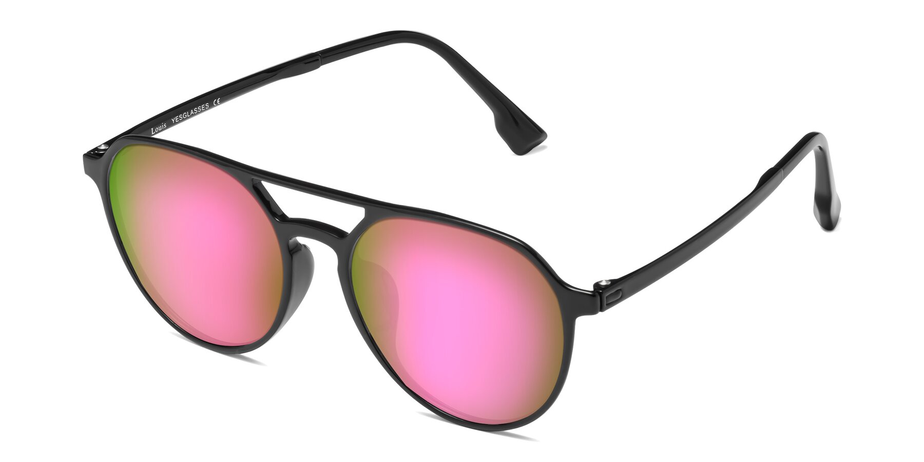 Angle of Louis in Black with Pink Mirrored Lenses