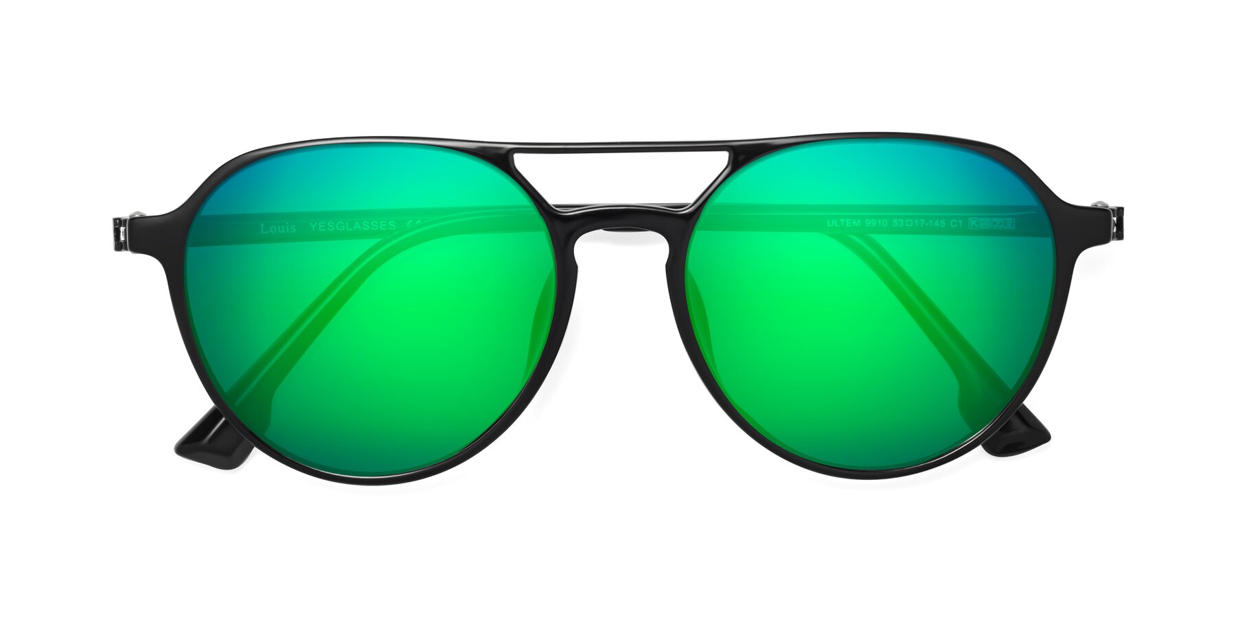 Folded Front of Louis in Black with Green Mirrored Lenses