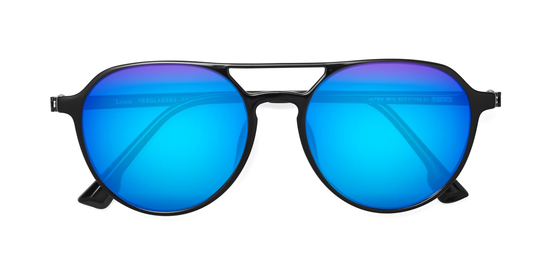 Folded Front of Louis in Black with Blue Mirrored Lenses