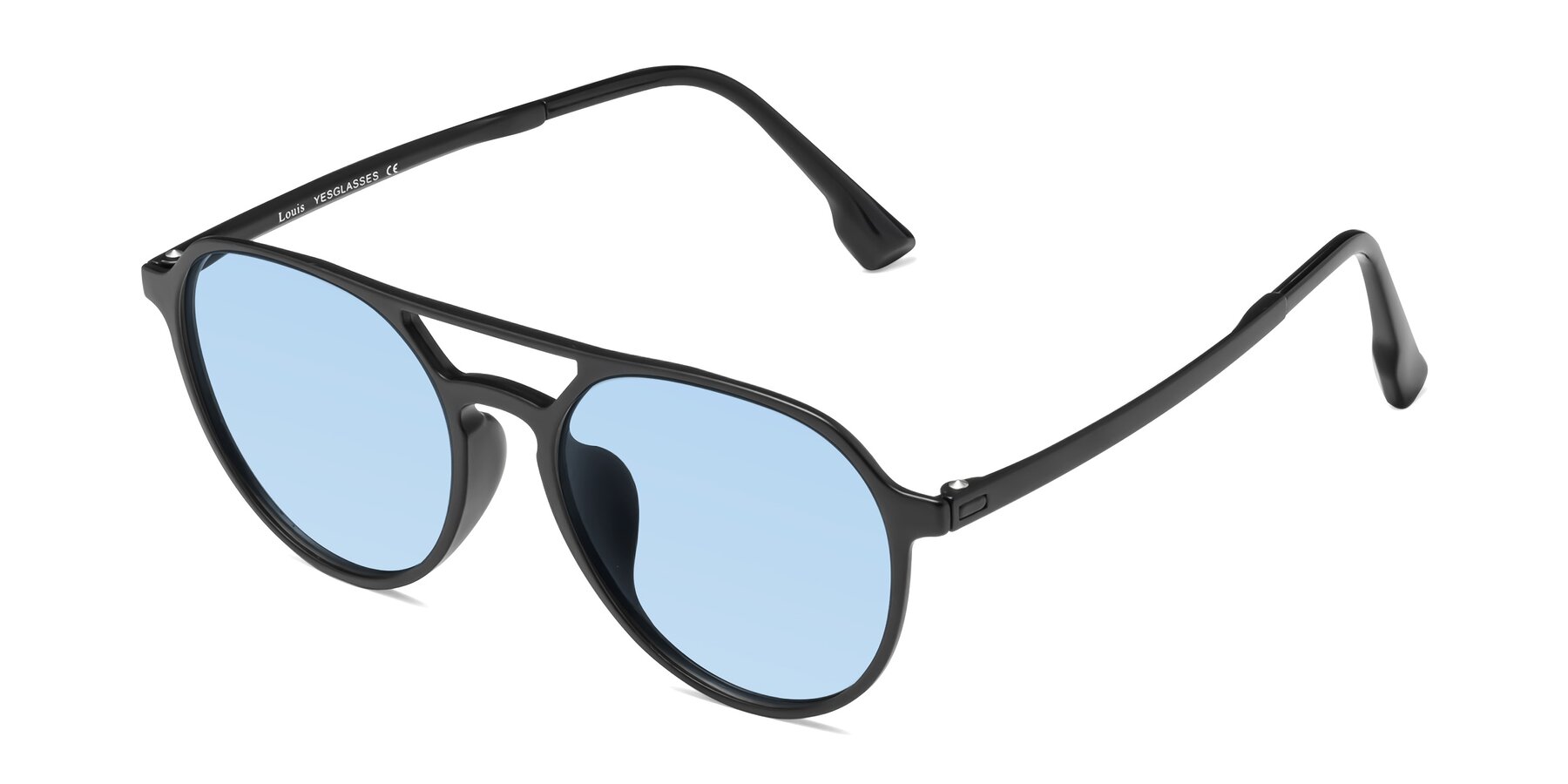 Angle of Louis in Matte Black with Light Blue Tinted Lenses