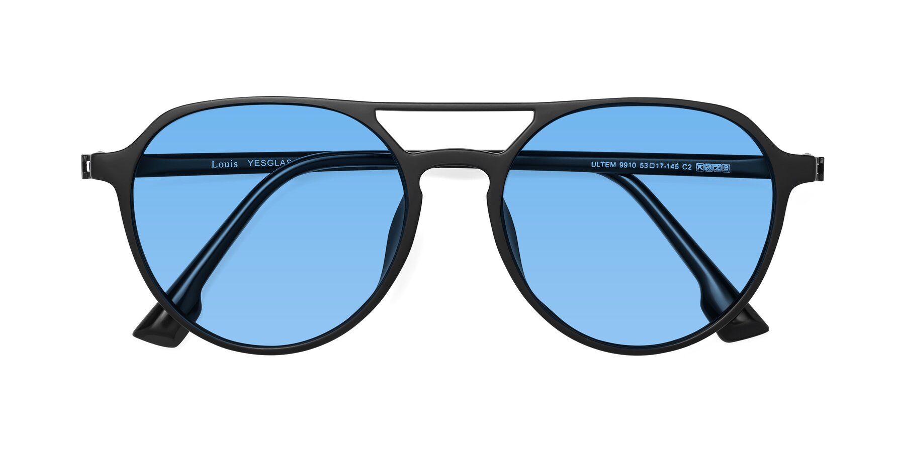 Folded Front of Louis in Matte Black with Medium Blue Tinted Lenses