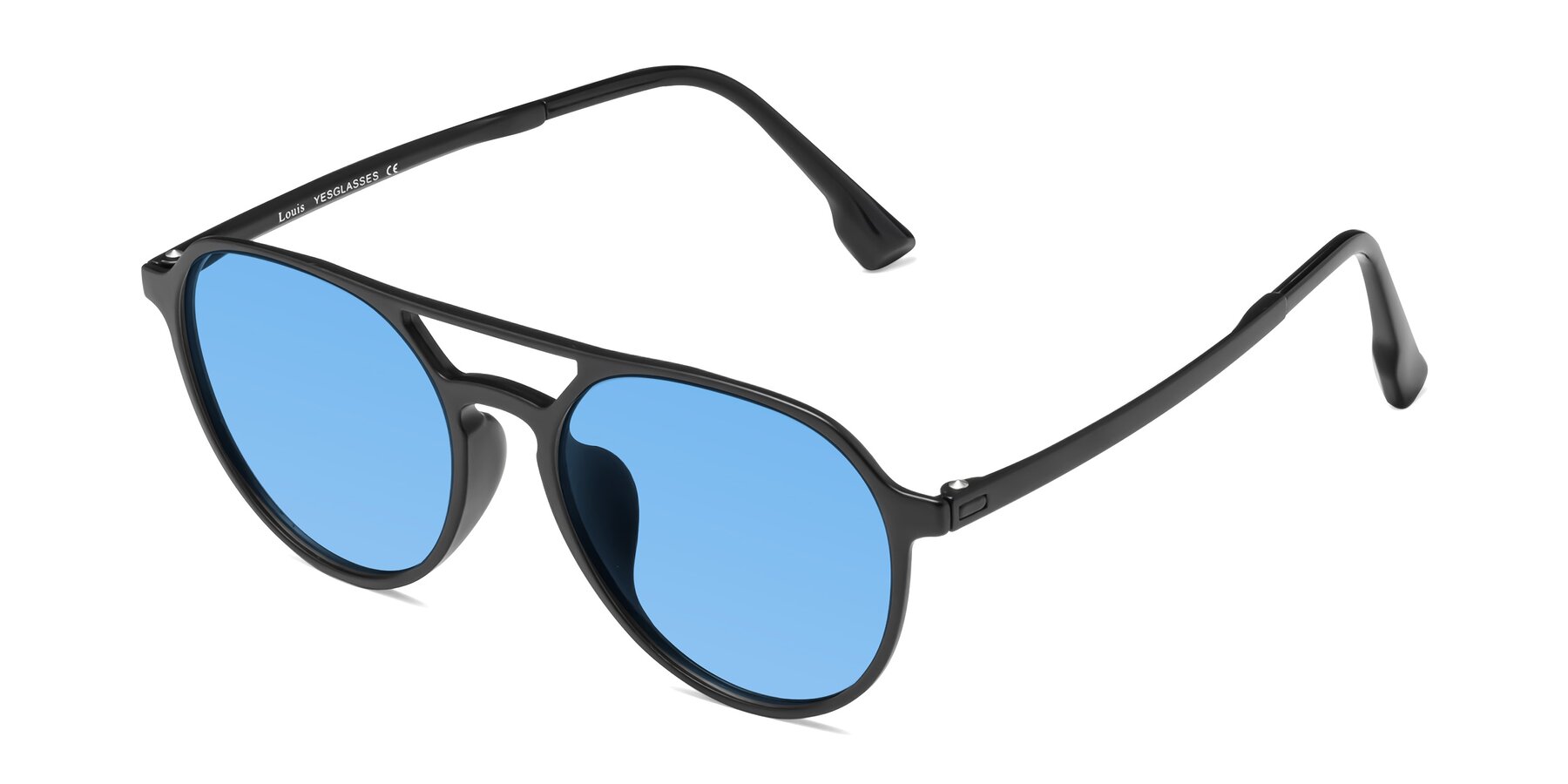 Angle of Louis in Matte Black with Medium Blue Tinted Lenses