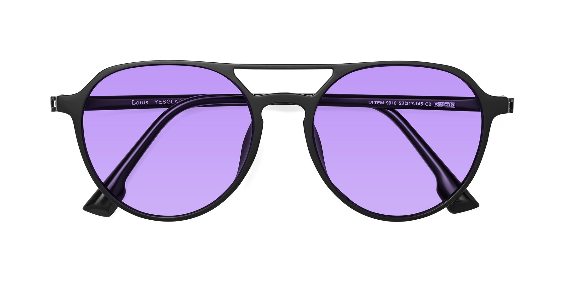Folded Front of Louis in Matte Black with Medium Purple Tinted Lenses