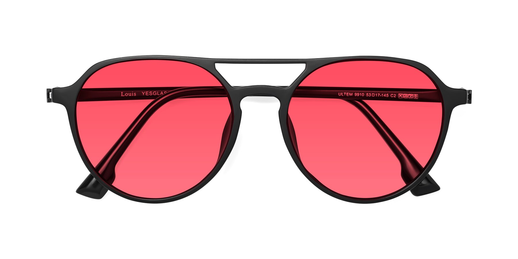 Folded Front of Louis in Matte Black with Red Tinted Lenses