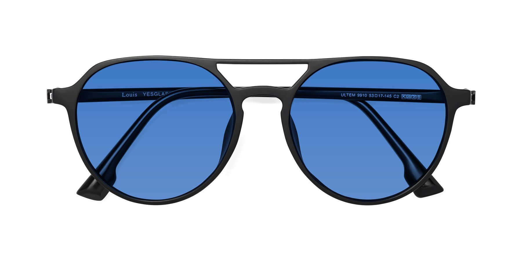 Folded Front of Louis in Matte Black with Blue Tinted Lenses