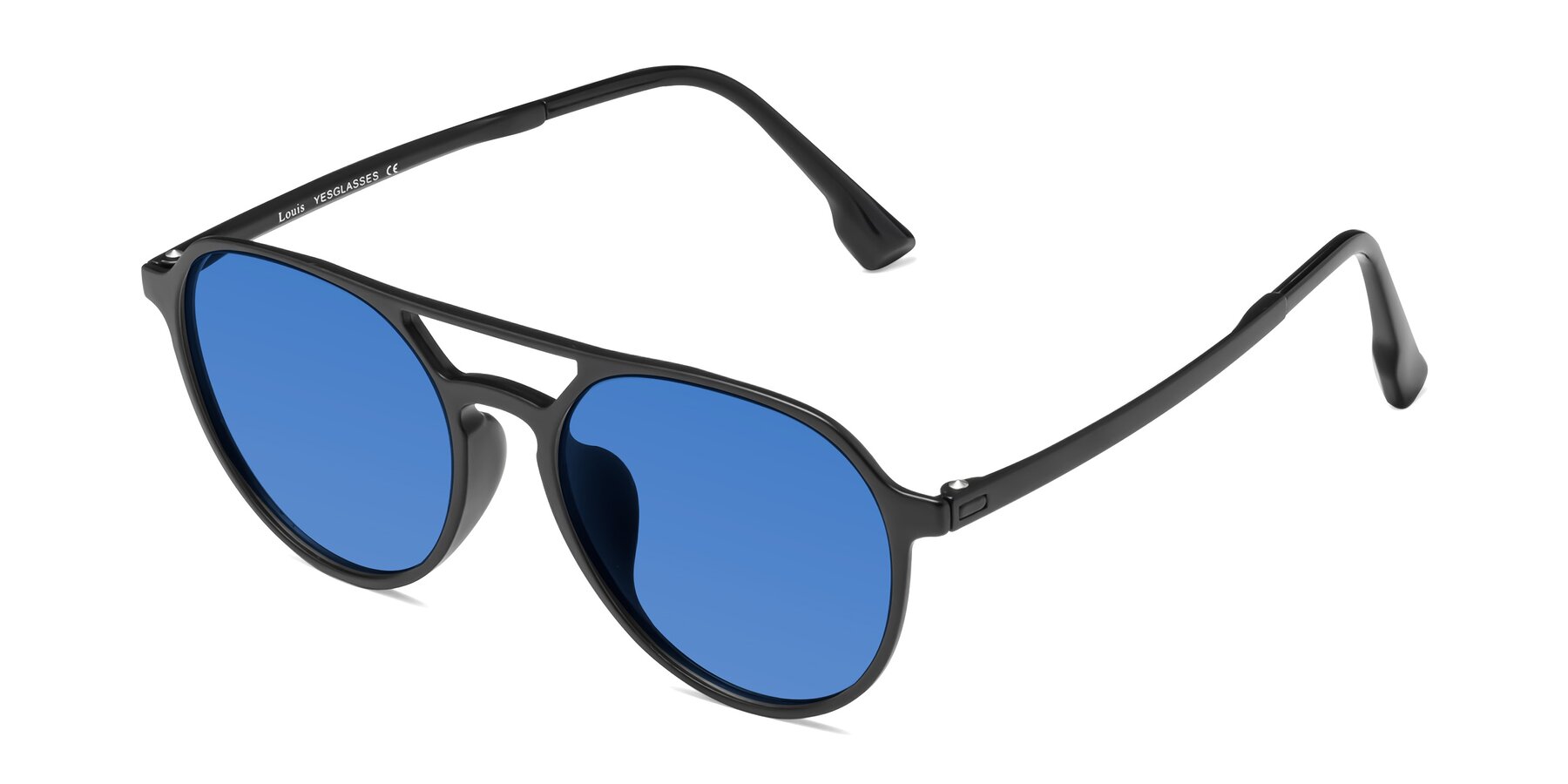 Angle of Louis in Matte Black with Blue Tinted Lenses