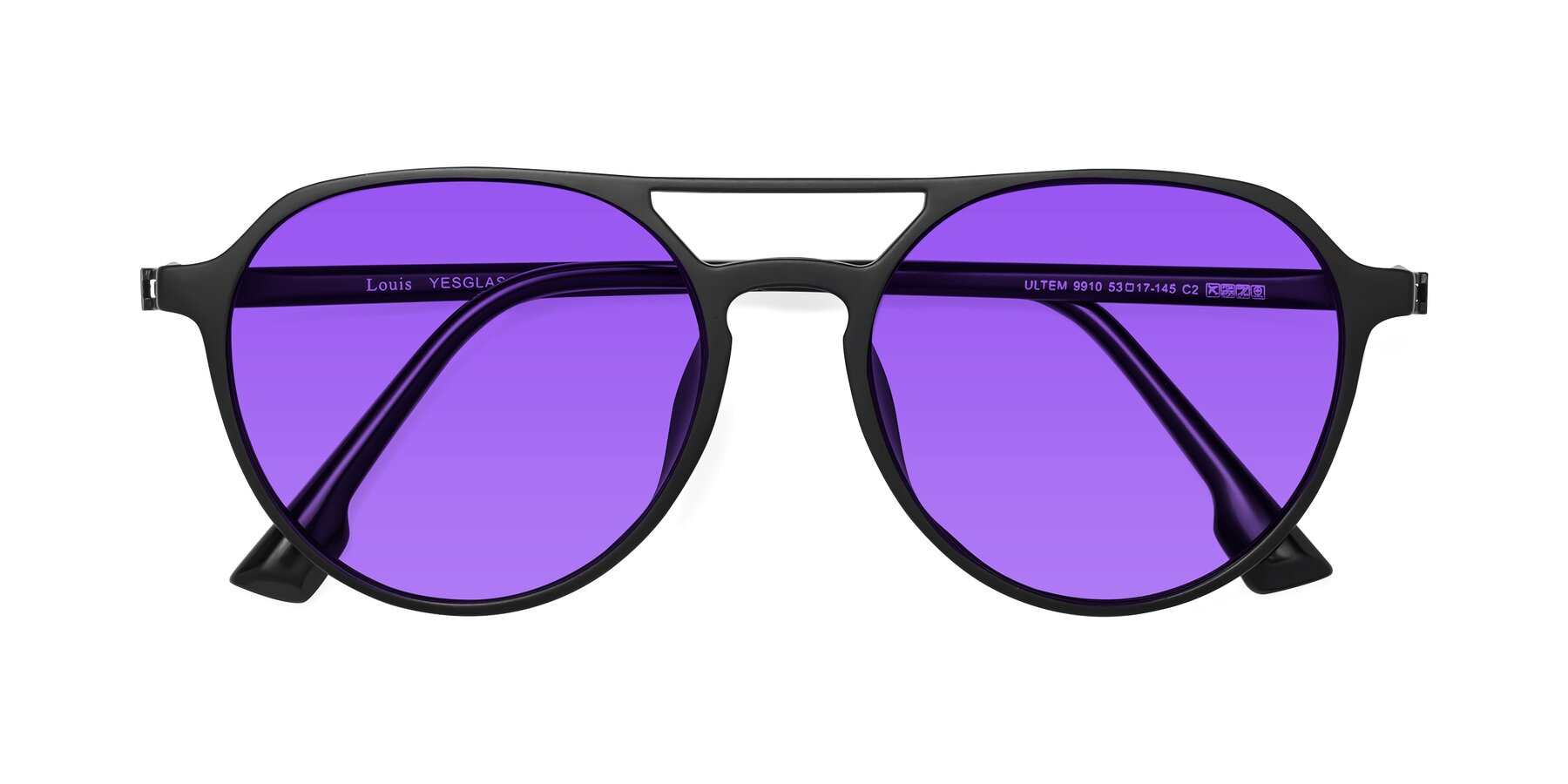 Folded Front of Louis in Matte Black with Purple Tinted Lenses