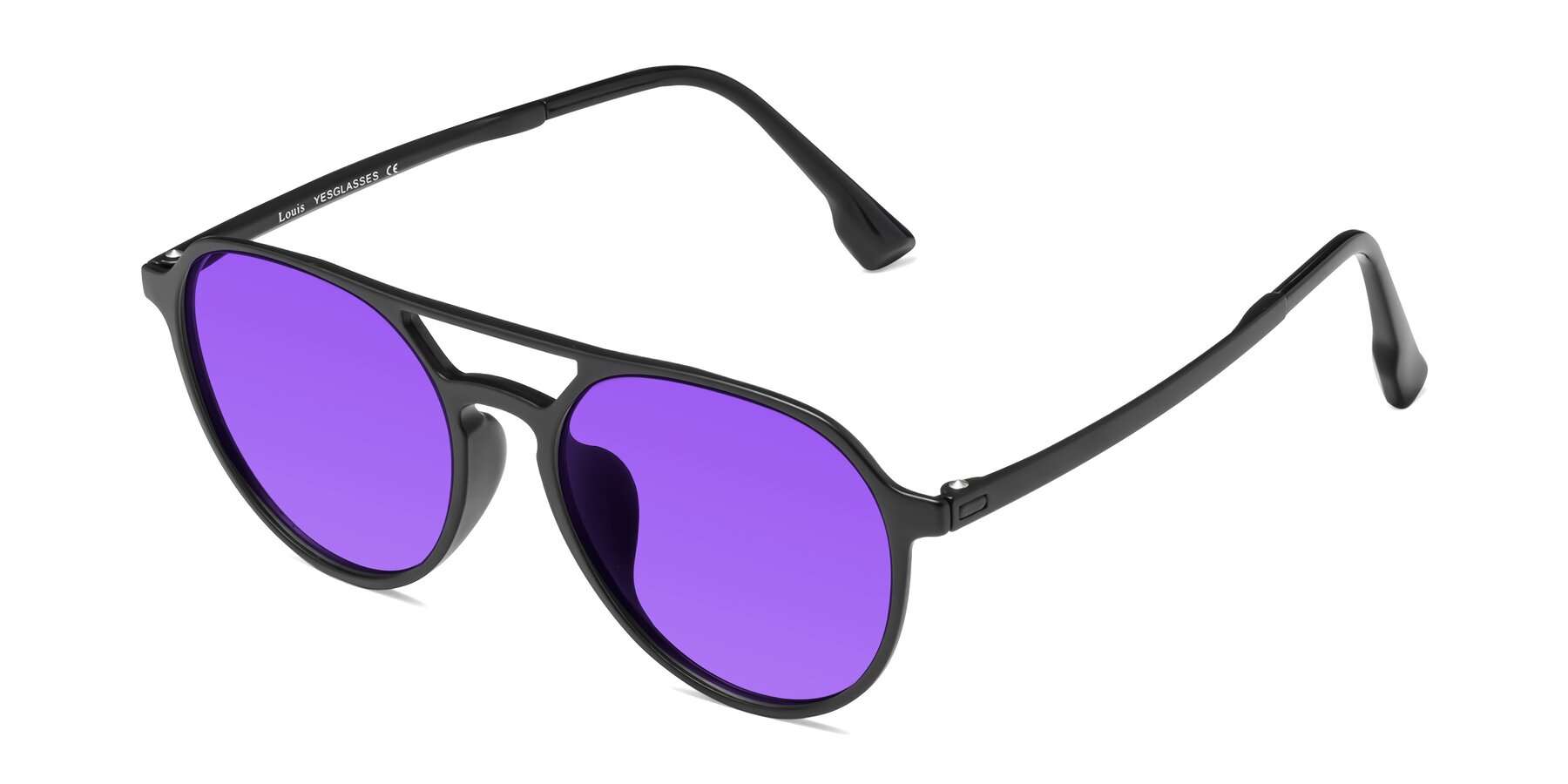 Angle of Louis in Matte Black with Purple Tinted Lenses