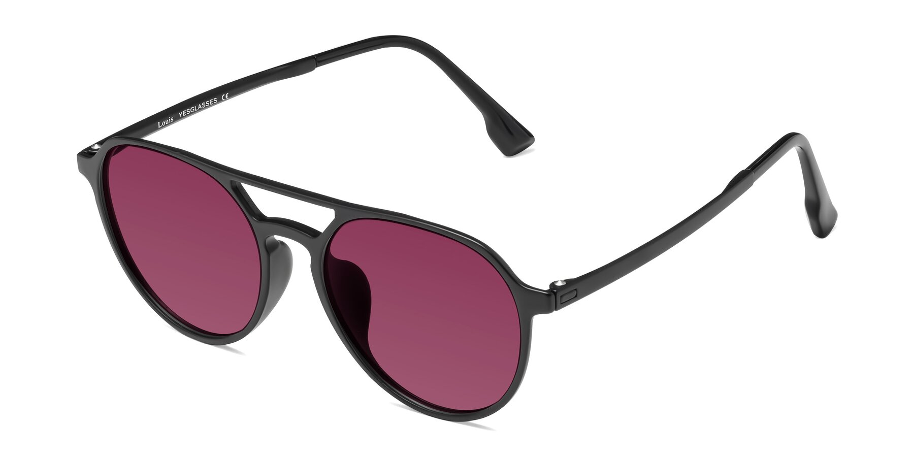 Angle of Louis in Matte Black with Wine Tinted Lenses