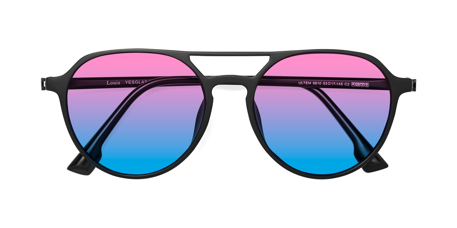 Folded Front of Louis in Matte Black with Pink / Blue Gradient Lenses