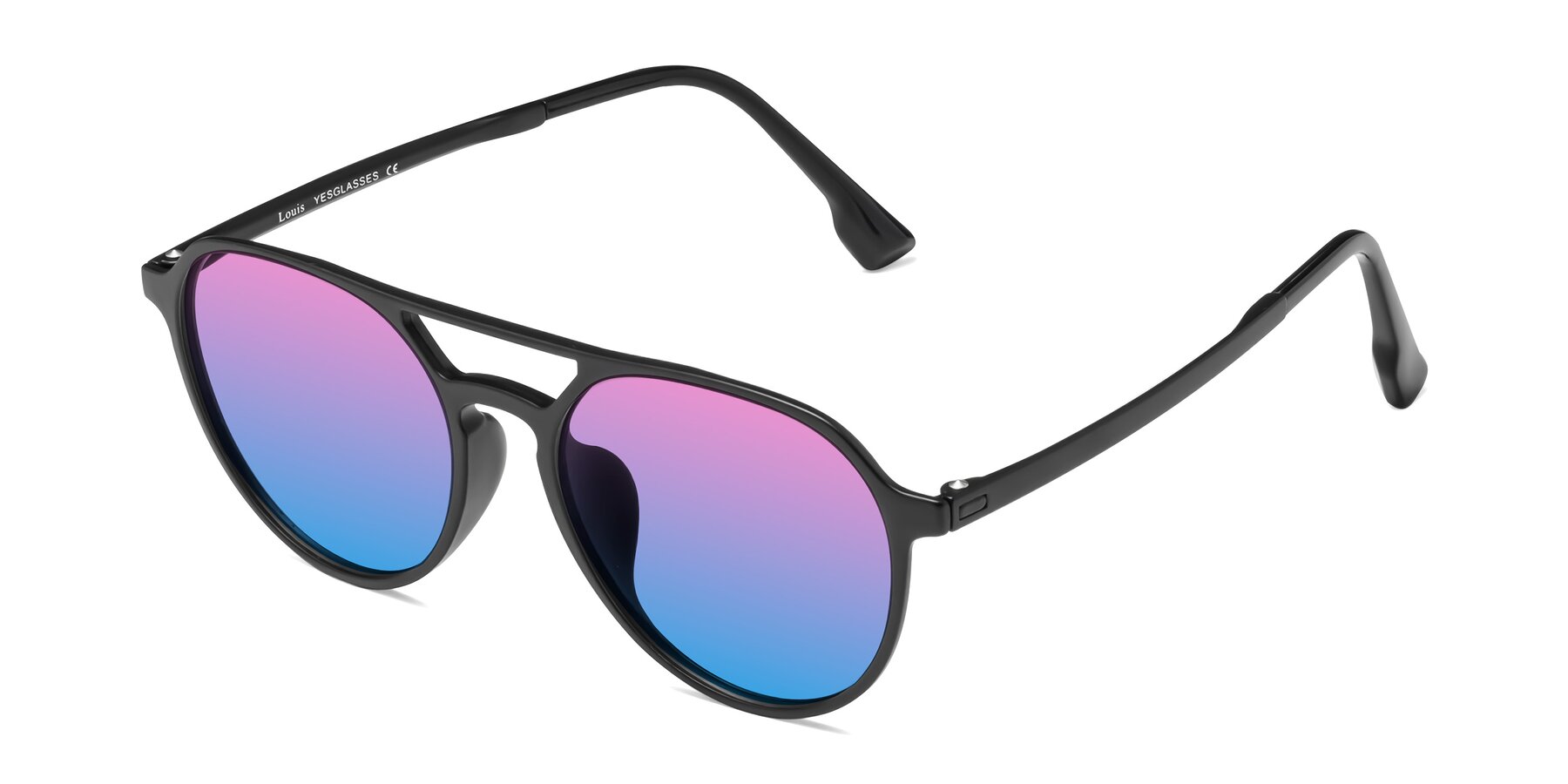 Angle of Louis in Matte Black with Pink / Blue Gradient Lenses