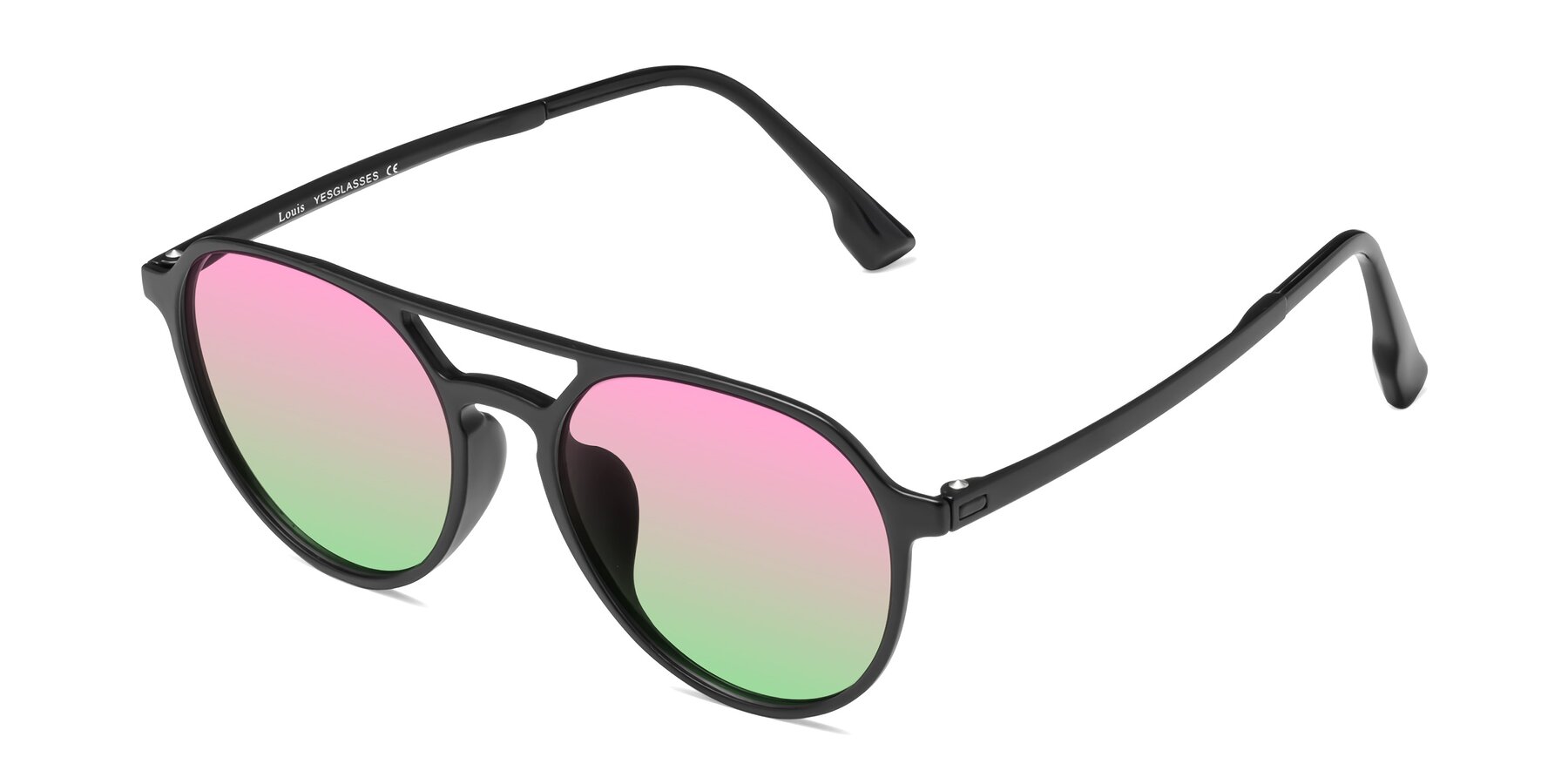 Angle of Louis in Matte Black with Pink / Green Gradient Lenses