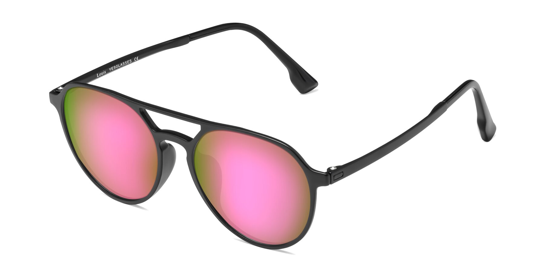 Angle of Louis in Matte Black with Pink Mirrored Lenses