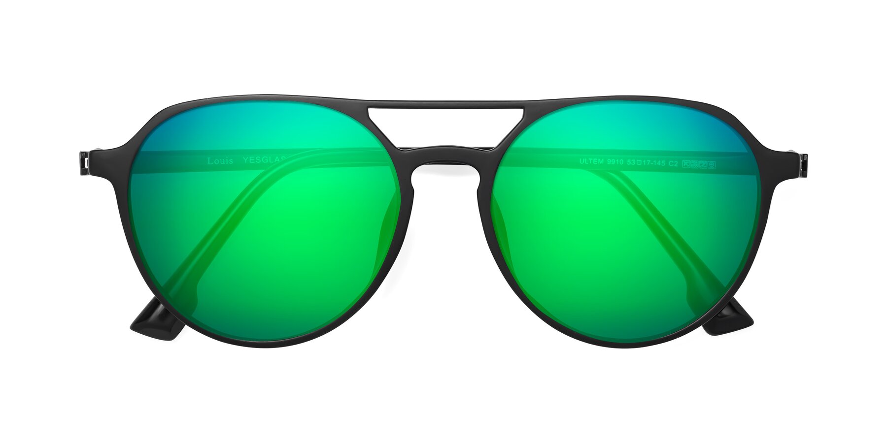 Folded Front of Louis in Matte Black with Green Mirrored Lenses