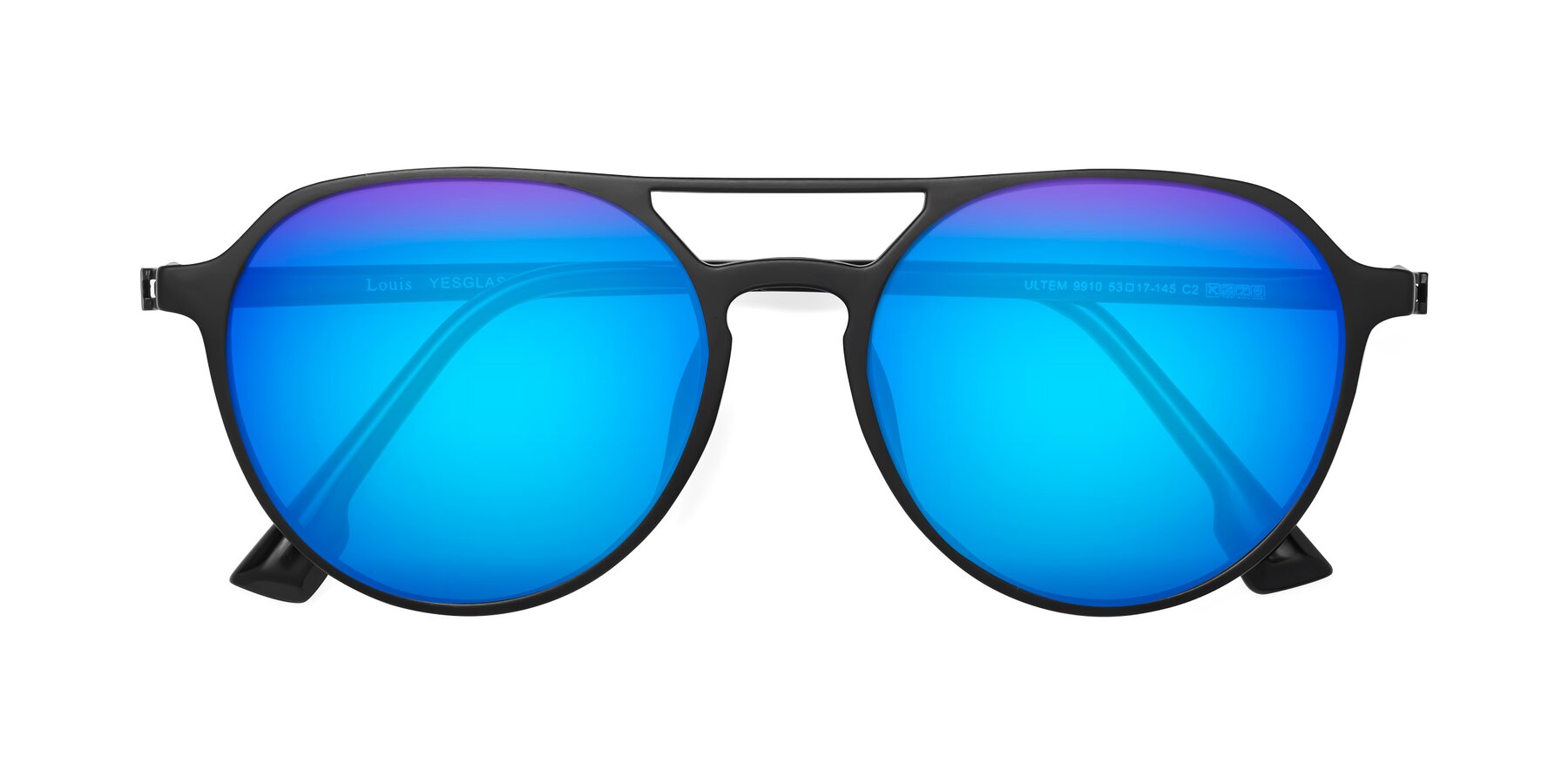 Folded Front of Louis in Matte Black with Blue Mirrored Lenses