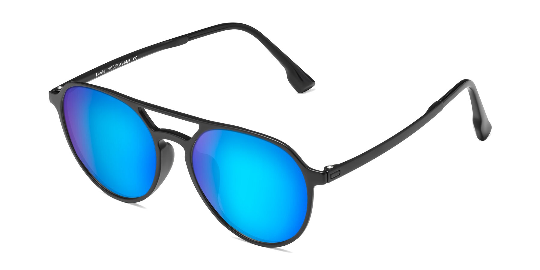 Angle of Louis in Matte Black with Blue Mirrored Lenses