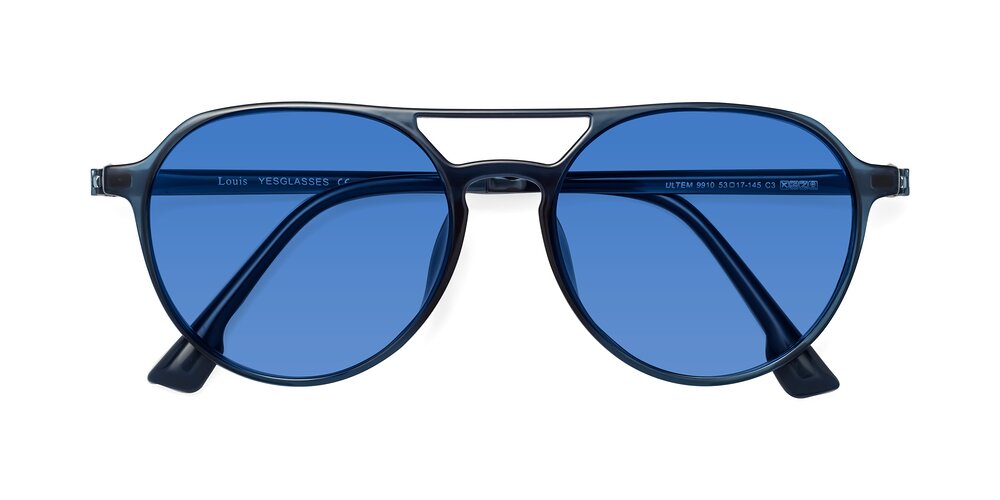 Blue Double Bridge Low Bridge Fit Ultem Tinted Sunglasses with Blue