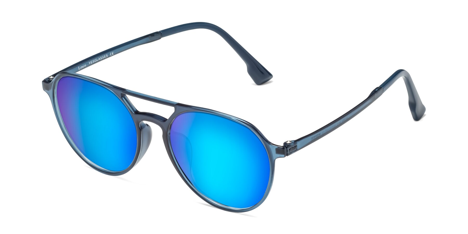 Angle of Louis in Blue with Blue Mirrored Lenses