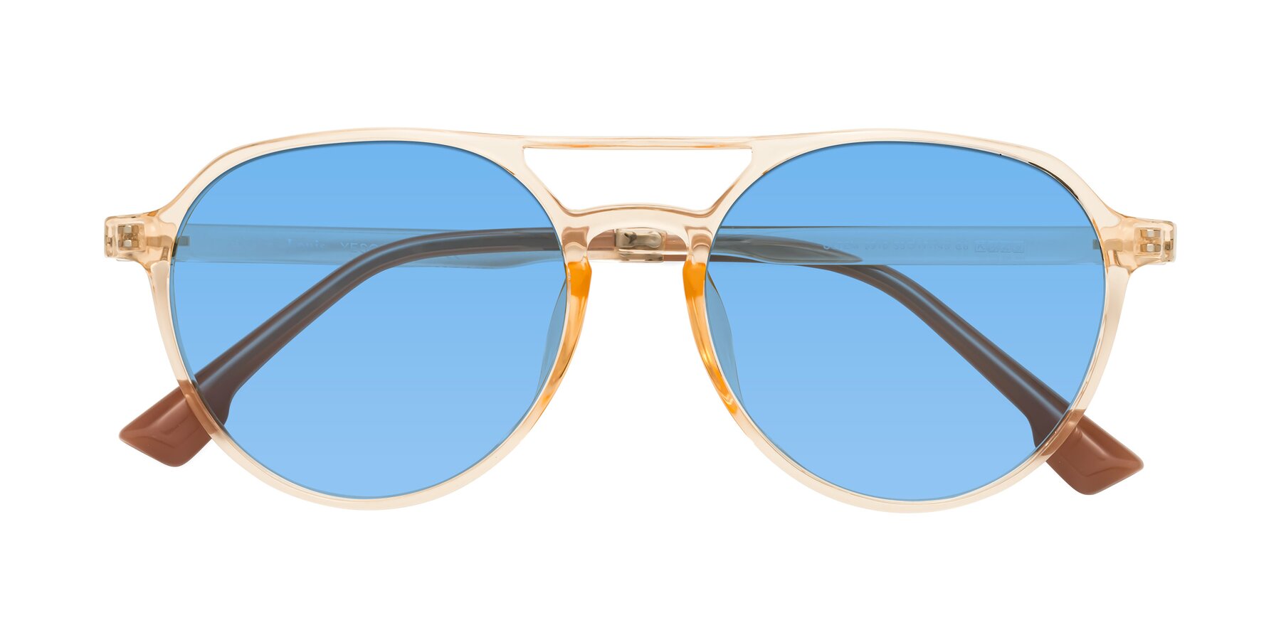 Folded Front of Louis in Coral with Medium Blue Tinted Lenses