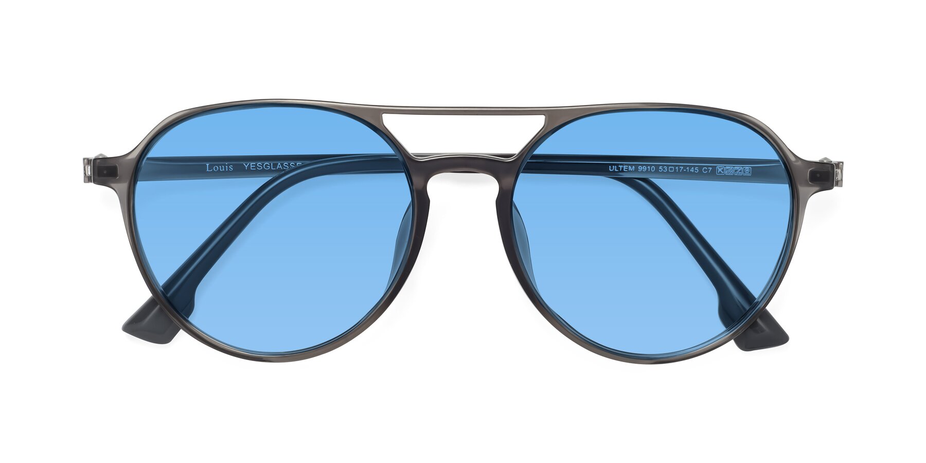 Folded Front of Louis in Gray with Medium Blue Tinted Lenses