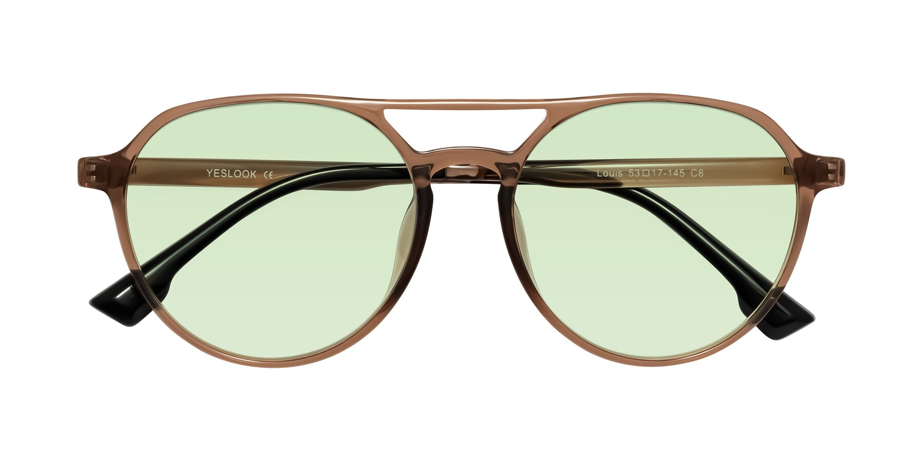 Folded Front of Louis in Caramel Crystal with Light Green Tinted Lenses