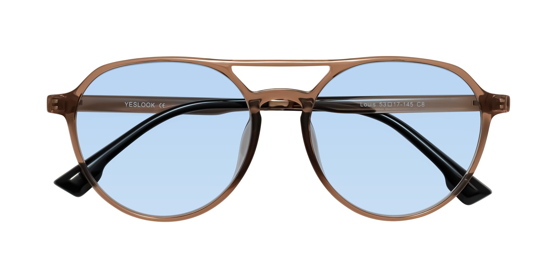 Folded Front of Louis in Caramel Crystal with Light Blue Tinted Lenses