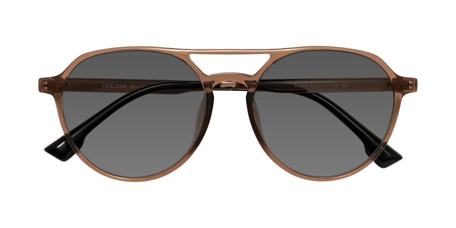 Folded Front of Louis in Caramel Crystal with Medium Gray Tinted Lenses