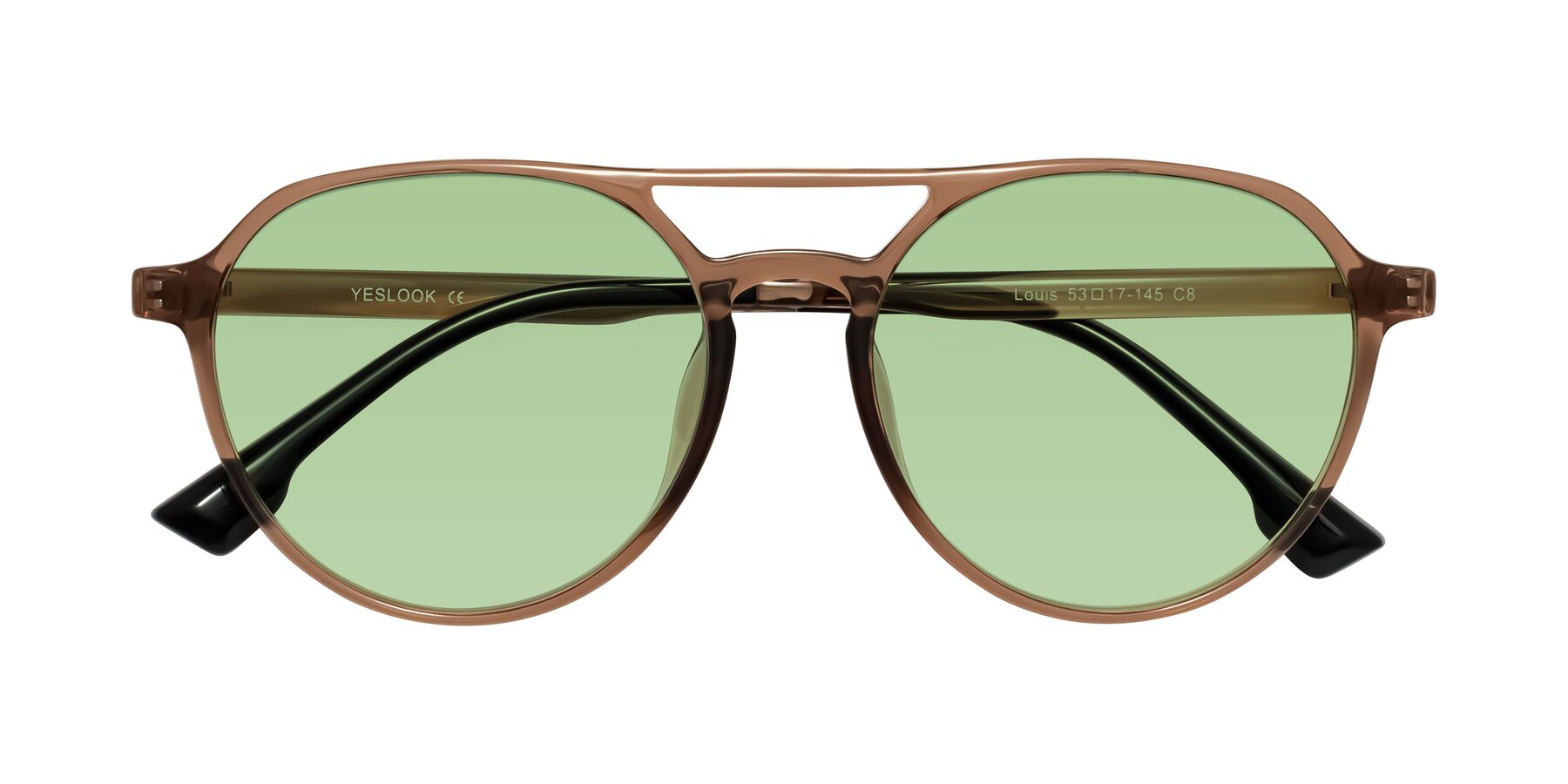 Folded Front of Louis in Caramel Crystal with Medium Green Tinted Lenses