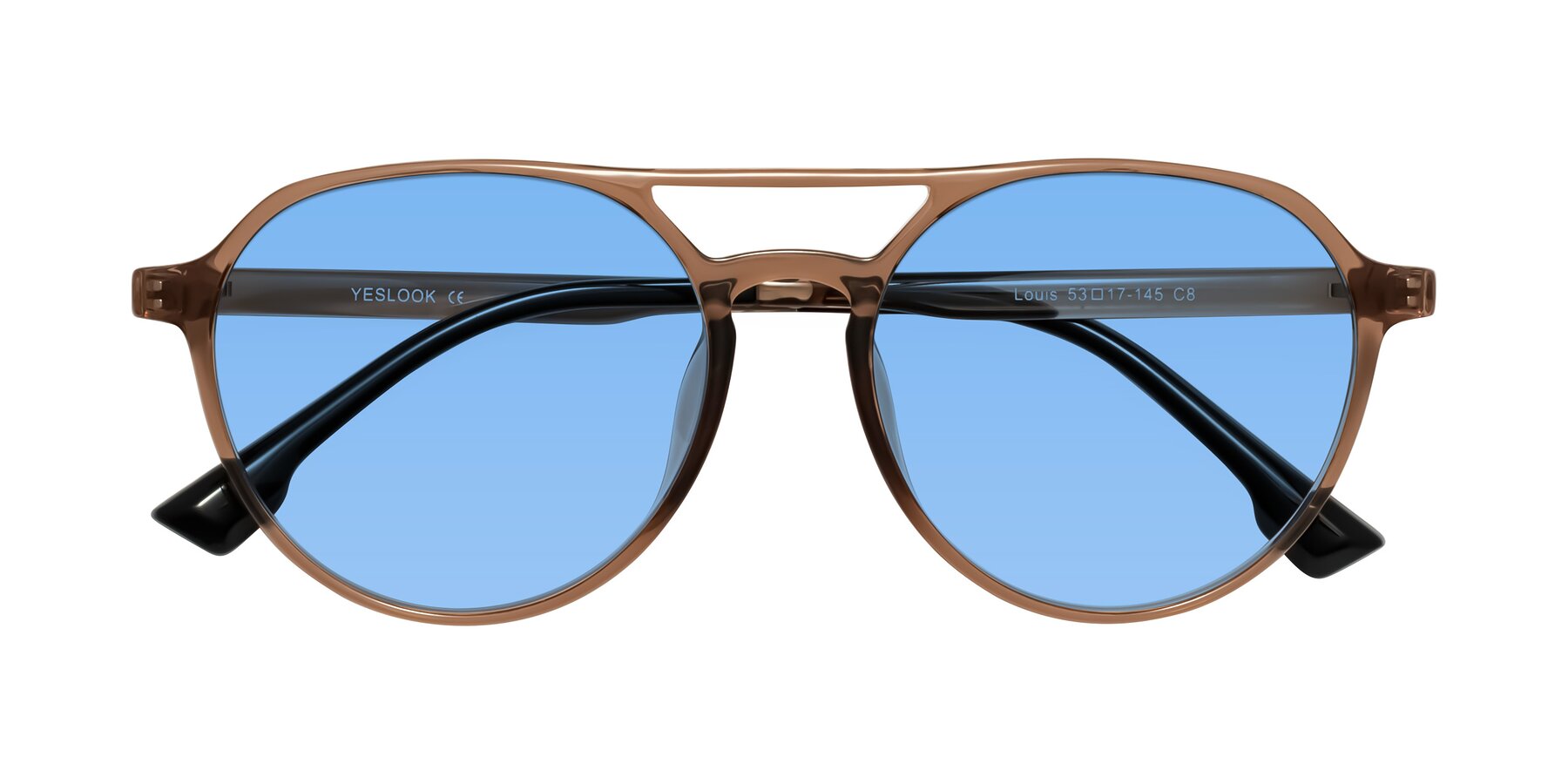 Folded Front of Louis in Caramel Crystal with Medium Blue Tinted Lenses