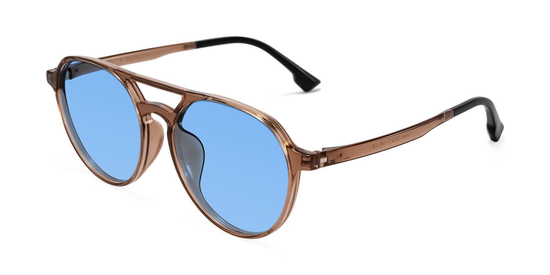Angle of Louis in Caramel Crystal with Medium Blue Tinted Lenses
