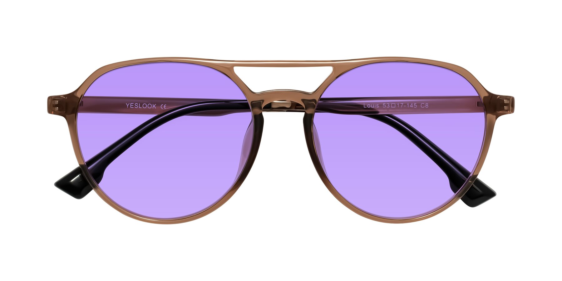 Folded Front of Louis in Caramel Crystal with Medium Purple Tinted Lenses