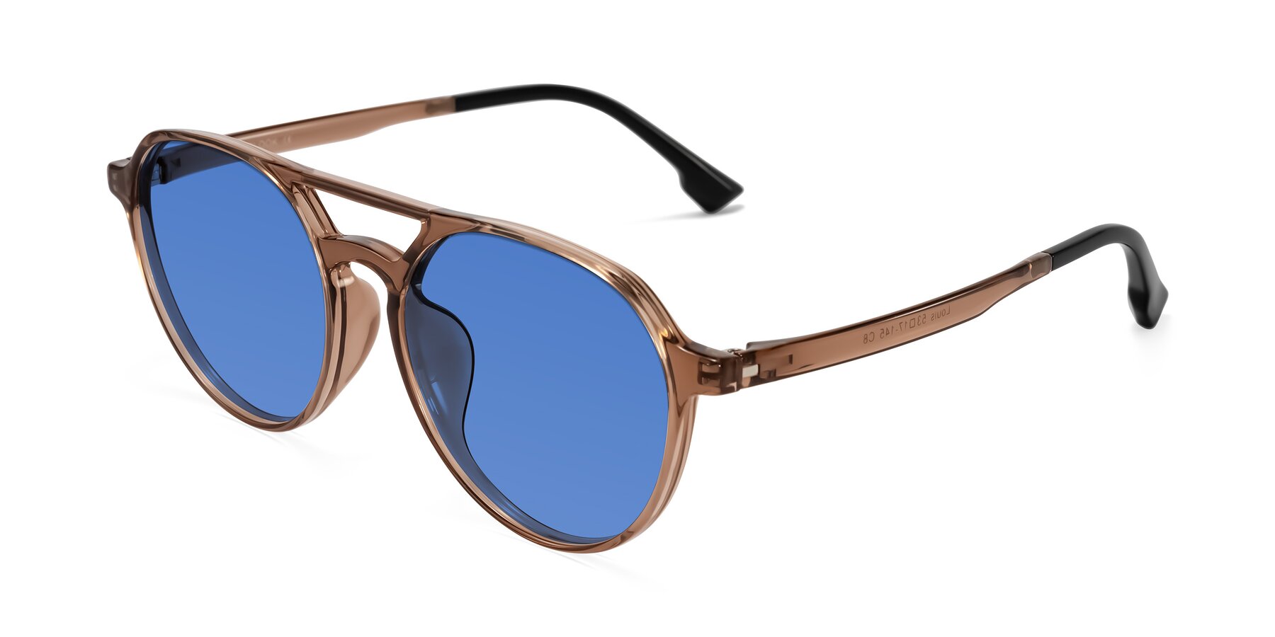 Angle of Louis in Caramel Crystal with Blue Tinted Lenses