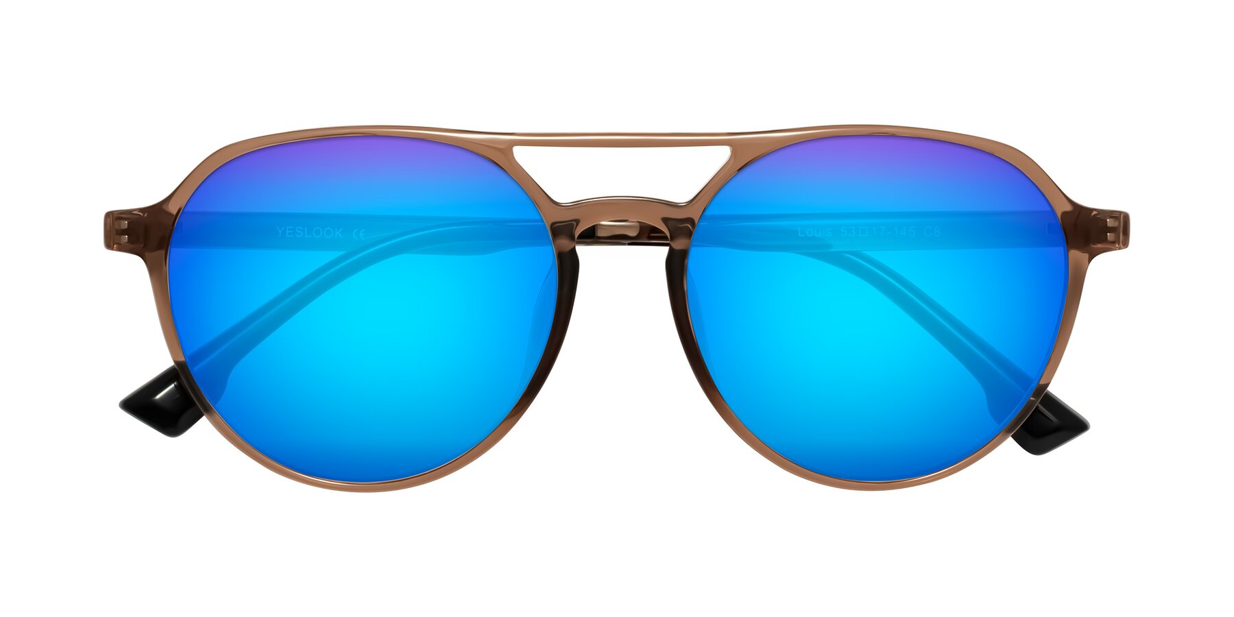 Folded Front of Louis in Caramel Crystal with Blue Mirrored Lenses