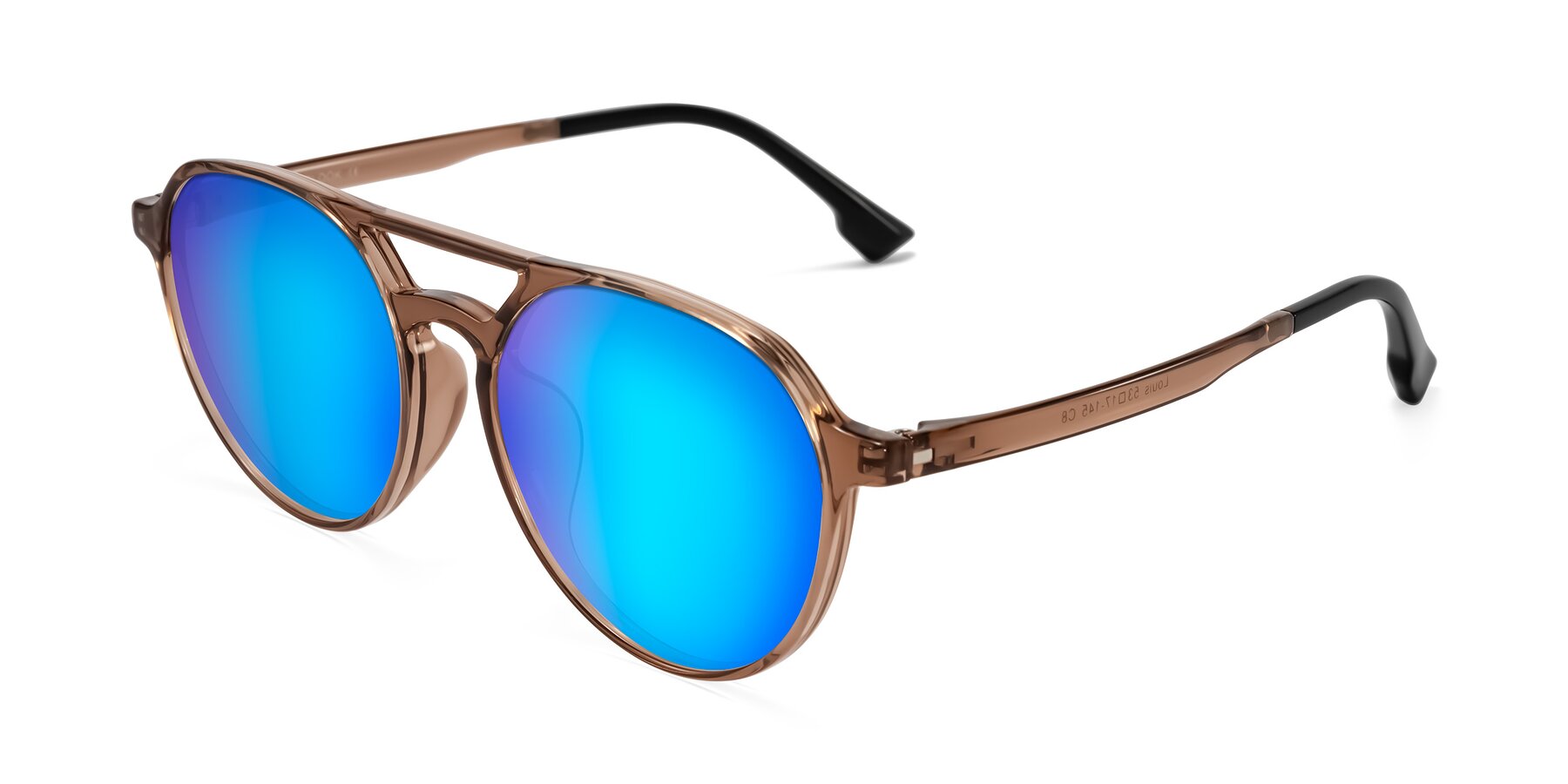 Angle of Louis in Caramel Crystal with Blue Mirrored Lenses