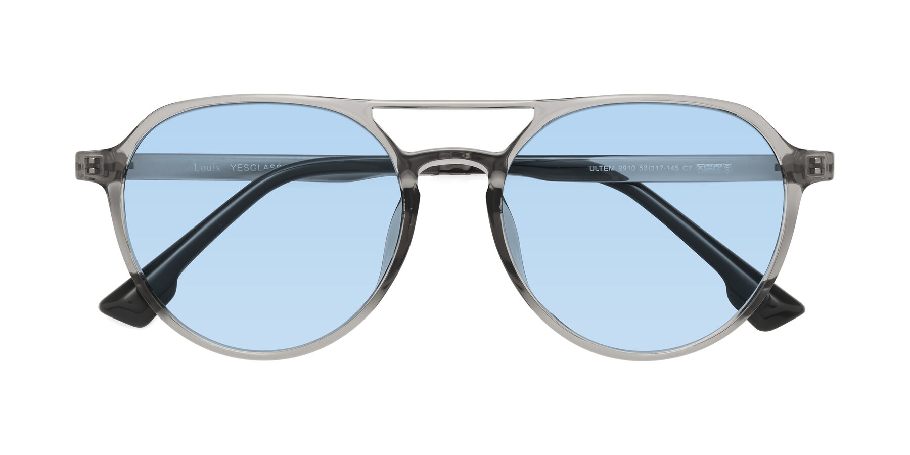 Folded Front of Louis in Light Gray with Light Blue Tinted Lenses