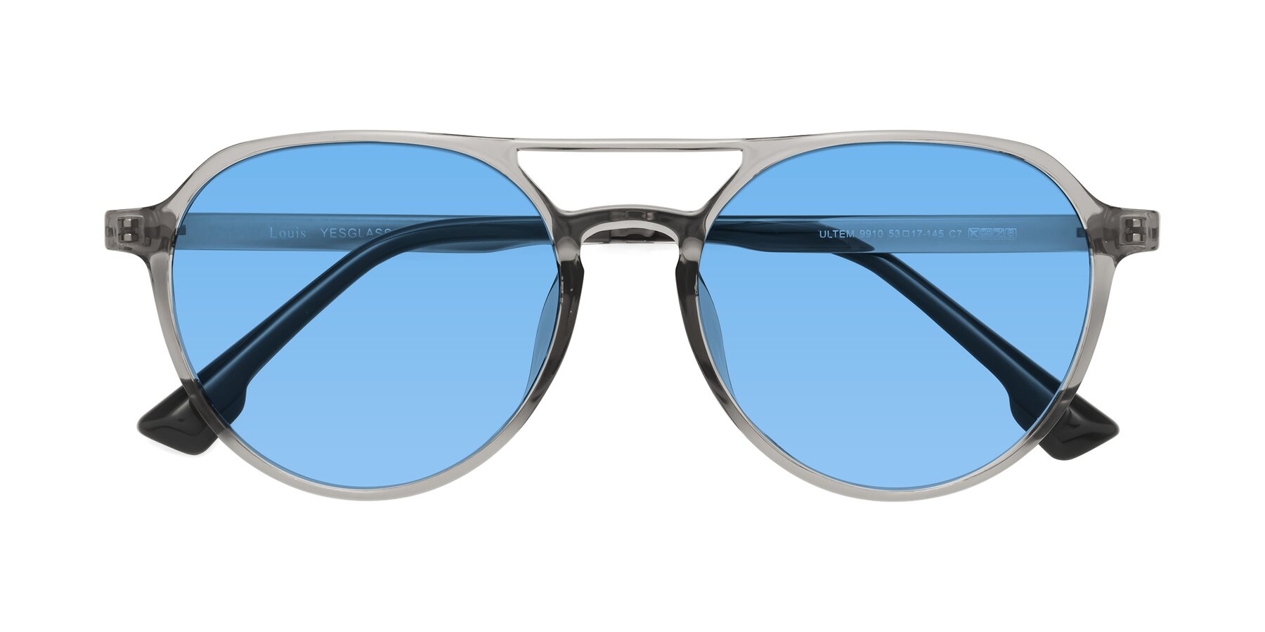 Folded Front of Louis in Light Gray with Medium Blue Tinted Lenses