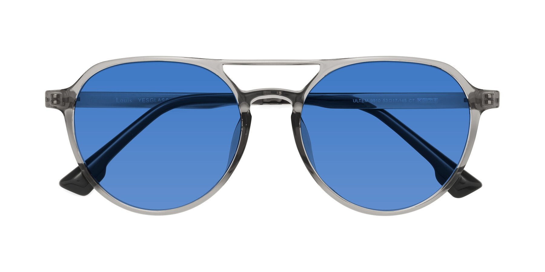 Folded Front of Louis in Light Gray with Blue Tinted Lenses