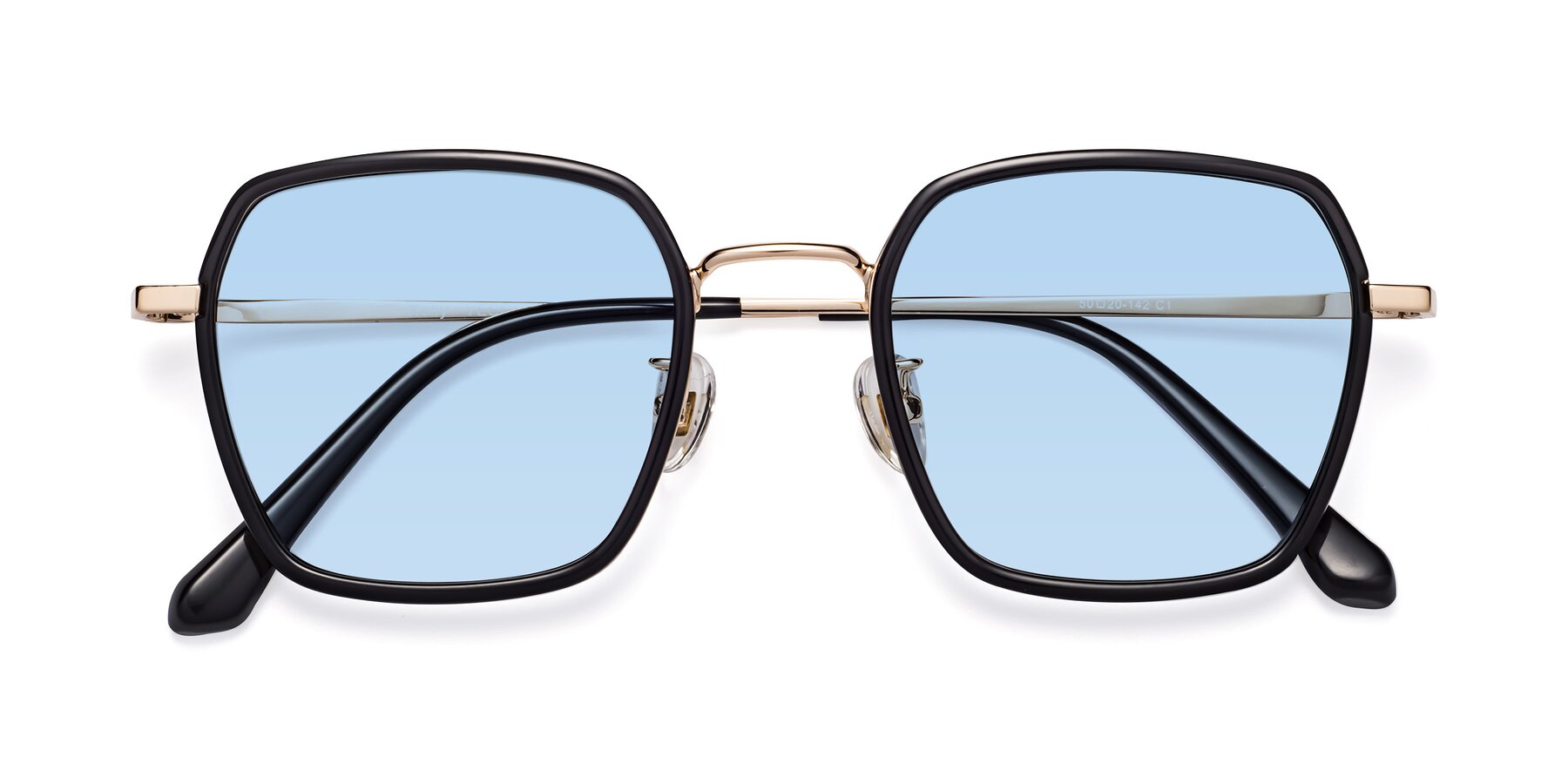 Folded Front of Kelly in Black-Gold with Light Blue Tinted Lenses
